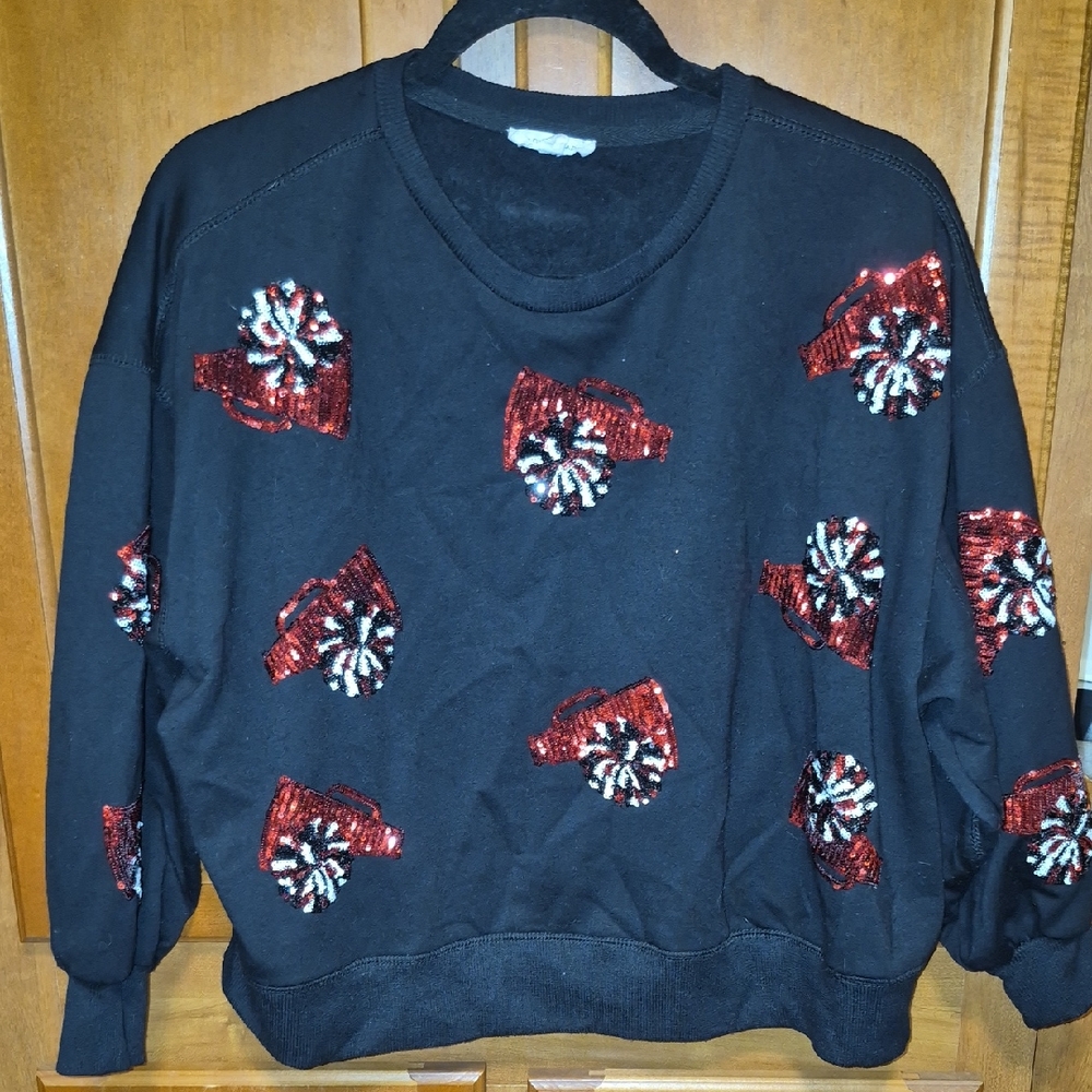 Black Sweater with Red Sequin Car Appliqués